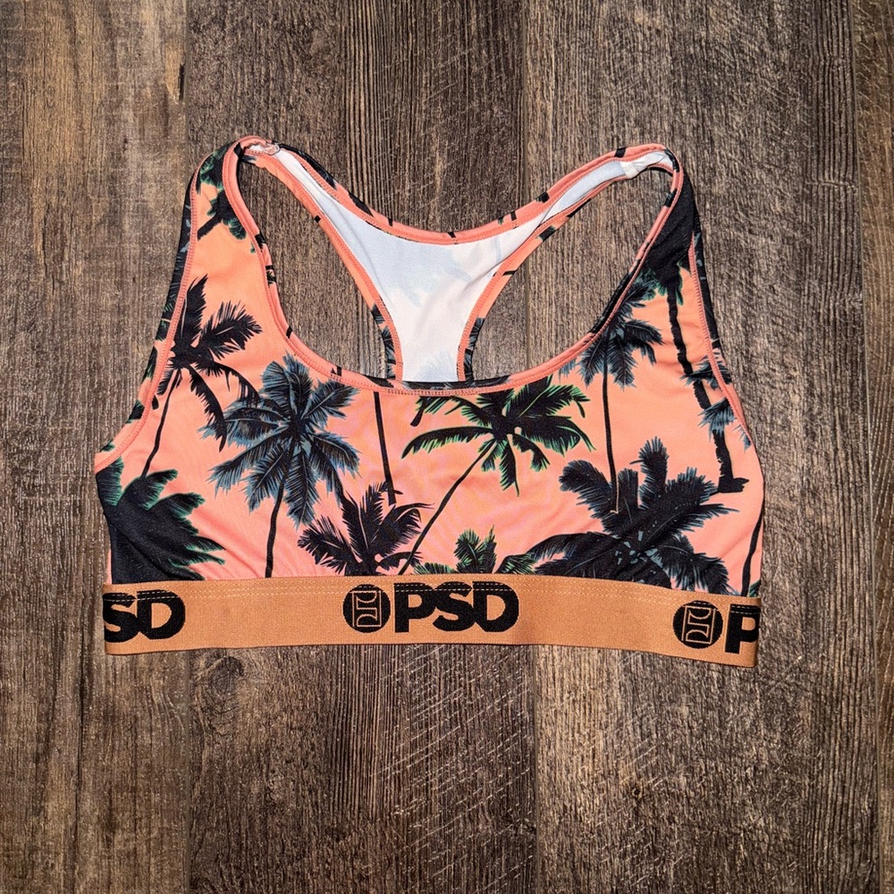 PSD Women’s Sports Bra | Orange Palm Tree Print | Size Medium